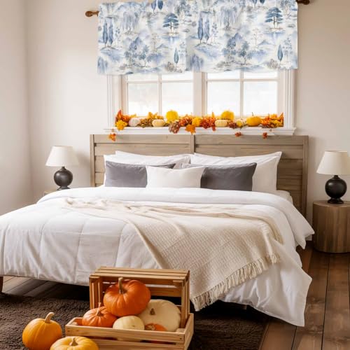 Chucoco Valance for Kitchen Windows, Watercolor Chinoiserie Landscape Rod Pocket Valances Short Curtains, Blue Willow Mountain Forest Curtain Valance for Bedroom Bathroom 1 Panel 54x18in - size: 54"W x 18"L (Pack of 1)