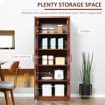 HOMCOM 63" 2-Door Kitchen Pantry 5-Tier Brown | Freestanding Storage Cabinet, Shelving, 2 Adjustable Shelves, for Dining Room - color: Brown
