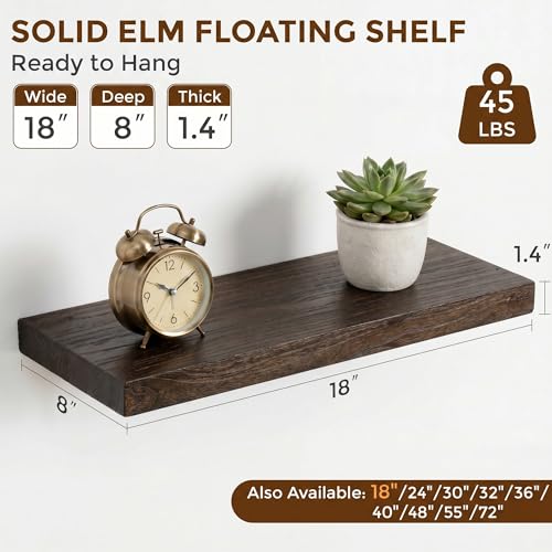 Dreamland 18 Inch Long Floating Shelves Set of 2, Rustic Solid Elm Wood Floating Shelf Wall Mounted, 8 Inch Deep Wall Shelves with Invisible Bracket for Living Room Bathroom Bedroom Kitchen, Walnut - color: Walnut, size: Flat Edge - 18"L