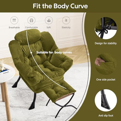 Lazy Chair with Folding Ottoman Modern Large Accent Chair,Contemporary Lounge Leisure Sofa Chair with Armrests Upholstered Sofa Armchair Reading Chair for Bedroom,Dorm & Office(Green-f) - color: Green