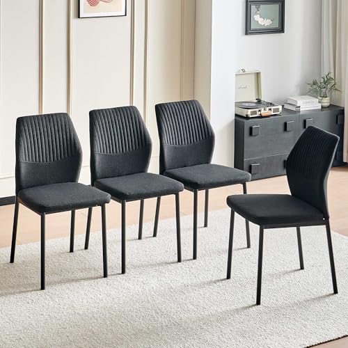 Dining Chairs Set of 4, Black Linen Fabric Dining Chairs, Comfortable Upholstered Armless Kitchen Chairs with Black Metal Legs for Living Room, Dining Room, Kitchen - color: Black, size: 4 chairs