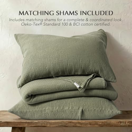 100% Cotton Waffle Coverlet Set, King Size, Olive Green | Soft Premium Waffle Weave Cotton Bed Blanket, Lightweight Oversized Bedspread, All Season 3-Piece Bedding Set with 2 Shams - color: Olive Green, size: King/Cal King (108" X 96")