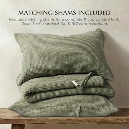 100% Cotton Waffle Coverlet Set, Queen Size, Olive Green | Soft Premium Waffle Weave Cotton Bed Blanket, Lightweight Oversized Bedspread, All Season 3-Piece Bedding Set with 2 Shams - color: Olive Green, size: Full/Queen (92" X 96")