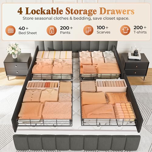 Bed Frame Queen Size with Upholstered Headboard & Charging Station, Queen Bed Frame with 4 Storage Drawers, 2-Tier Open Shelves, No Box Spring Needed, Slient Foam Strip, Easy Assembly, Grey - color: Grey, size: Queen