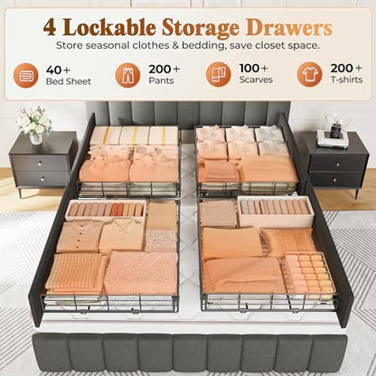 Bed Frame Queen Size with Upholstered Headboard & Charging Station, Queen Bed Frame with 4 Storage Drawers, 2-Tier Open Shelves, No Box Spring Needed, Slient Foam Strip, Easy Assembly, Grey - color: Grey, size: Queen