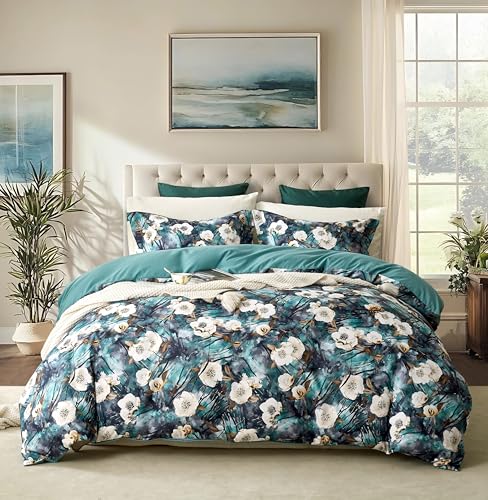 Cupocupa Duvet Cover Queen Size Set Boho Floral Pattern Queen Duvet Cover Set for Queen Size Bed Vintage Soft Bedding Leaf Print Duvet Cover with Pillowcases - color: Emerald Green, size: Queen