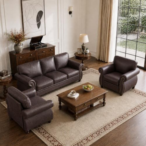 88" W Living Room Furniture Sets, 3-Seater&2 Single, Brown | Faux Leather Fabric Sofa and Couch Sets, Mid-Century 3-Seater Sofa Set with Nailhead Trim - color: Brown, size: L-5 seat