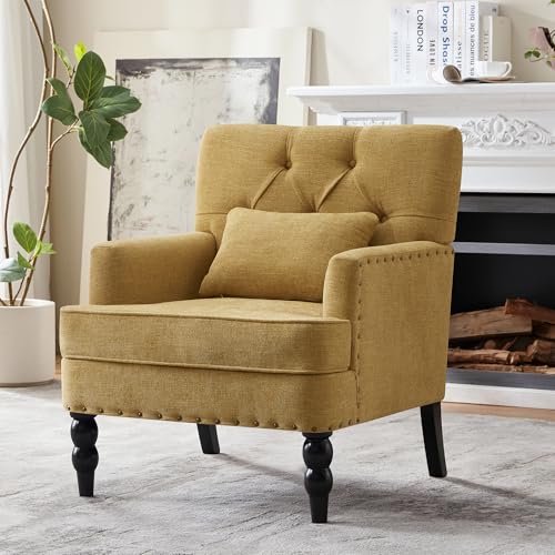 HUIMO Accent Chair, Tufted Upholstered Club Chair, Mustard Yellow | Tufted upholstered club chair with lumbar pillow and solid wood legs. Suitable for living rooms, bedrooms, and reading nooks. - color: Yellow