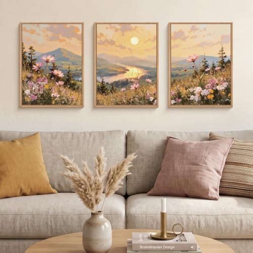 LHIUEM Boho Sunset Wildflower Framed Canvas Wall Art,Nature Pink Flower Wall Decor,Blossom Botanical Mountain Landscape Artwork for Living Room,Bedroom,Dining Room,Office -12"x16"x3 - color: Boho Sunset Wildflower Wall Art, size: 12''x16''x3