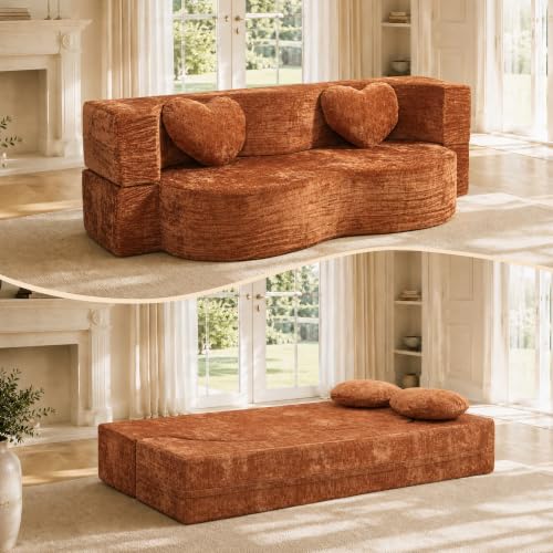 Convertible Folding Sofa Bed, 2-in-1 Floor Couch and Mattress,Modern Boneless Loveseat Sleeper in a Box for Small Spaces, No Assembly Foam Futon with 2 Pillows for Living Room (Burnt Orange, 39.37"W) - color: Burnt Orange, size: 39.37"W