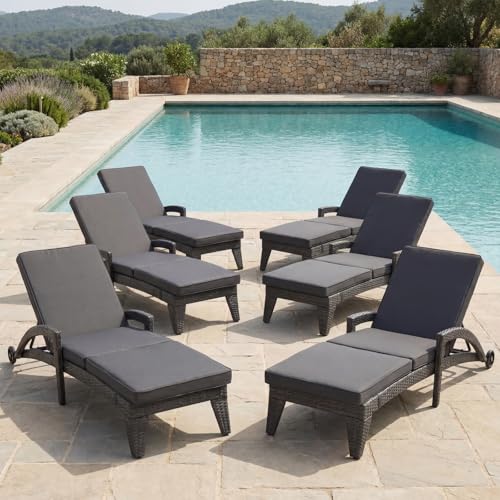 Patio Chaise Lounge Set of 6, Wicker Lounge Chairs Outdoor with Wheels, Heavy Duty Lounger Chair Outdoor, Wicker Chaise Lounges with Armrests All Weather, Solid Grey - color: Solid Grey, size: 6 pack