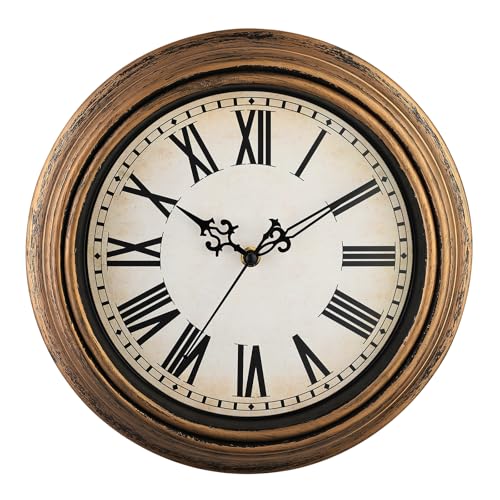 Plumeet Extra Large Retro Wall Clock, 16'' Non Ticking Classic Silent Vintage Wall Clocks Decorative Kitchen Living Room Bedroom, Roman Numerals, Battery Operated - color: Copper Gold, size: 16''