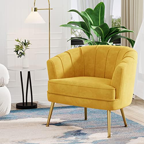 Velvet Accent Chair, Barrel Armchair, Yellow | Velvet Upholstery, Golden Metal Legs, Comfy Barrel Back, Modern Style, Living Room Bedroom Office - color: Yellow, size: 1 Chair