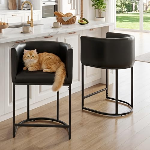 HNY Black Modern Barrel Counter Height Clearance Bar Stools Set of 2, 24 Inch PU Leather Kitchen Barstools with Back for Island, with Black Metal Tubular Frame - color: 24inch Black,black Base