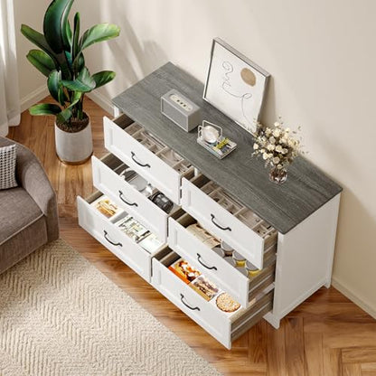 Gizoon 47" 6 Drawer Dresser, White & Grey Chest of Drawers Bedroom | 6 drawer wood dresser with metal handles. Storage cabinet organizer for bedroom, kids nursery room and home office - color: Grey
