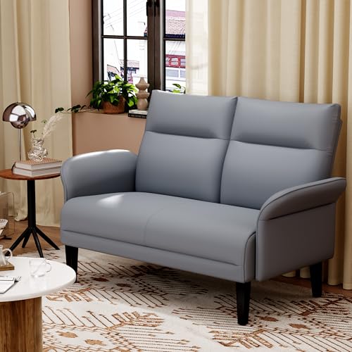 Yongchuang Small Couch 46" Grey Faux Leather Loveseat Sofa for Living Room Bedroom Love Seat Mini Couch with Arm Rest - color: Grey