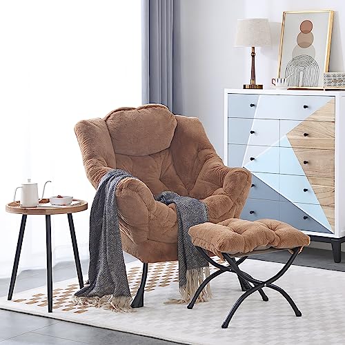 Lazy Chair with Ottoman, Comfy Accent Reading Chair, Plush Brown | Foldable Footrest,Removable Cover,with Armrests and Side Pockets,Upholstered Lounge Chair for Bedroom,Dorm,Office,Small Space - color: Plush Brown