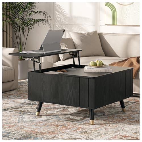 JOINICE Black Lift Top Coffee Table with Storage for Living Room,Square | 32" Multi-functional Pop Up Center Table,Large Hidden Compartments with Solid Wood Legs,Lift to 23",Hold 100lbs,Easy Assembly - color: Black_square