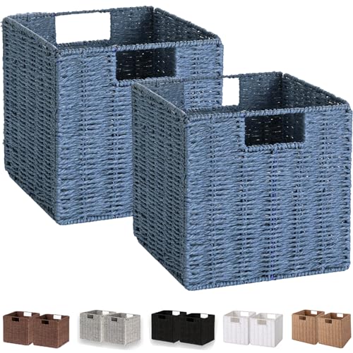 Wicker Storage Basket, Set of 2 Hand-Woven Storage Baskets for Shelves with Handles, Foldable Cube Storage Bins Organizer, Blue 13x13 Inch Large Wicker Baskets for Pantry Bedroom Decor, Blue - color: Dark Blue, size: 13'' x 13'' x 13''