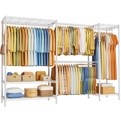 Heavy-Duty Garment Rack, Adjustable Clothing Racks Hanging Clothes | E17 Freestanding Metal Closet System, Clothing Storage and Organizer with Wire Shelves, (78-102.7)”W x 15.7”D x 76.6”H, White - color: White
