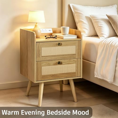 Rattan Nightstands Set of 2, Boho Bedside Table with 2 Drawers | Rattan Nightstand with Charging Station, Open Storage End Tables for Bedroom, Small Spaces and Dorm, Solid Wood Legs, Natural - color: Natural Wood