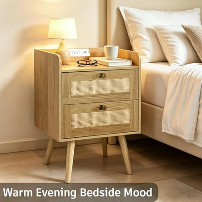 Rattan Nightstands Set of 2, Boho Bedside Table with 2 Drawers | Rattan Nightstand with Charging Station, Open Storage End Tables for Bedroom, Small Spaces and Dorm, Solid Wood Legs, Natural - color: Natural Wood