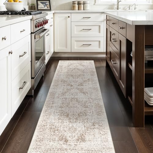 2'6"x8 Washable Runner Rug: Vintage Non-Slip Rug for Kitchen IvoryBeige | Low Pile Water Resistant Design Easy Clean Surface Soft Durable Rugs for Entryway Hallway and Indoor High Traffic Areas - color: Ivory/Beige, size: 2'6" x 8' (Runner)