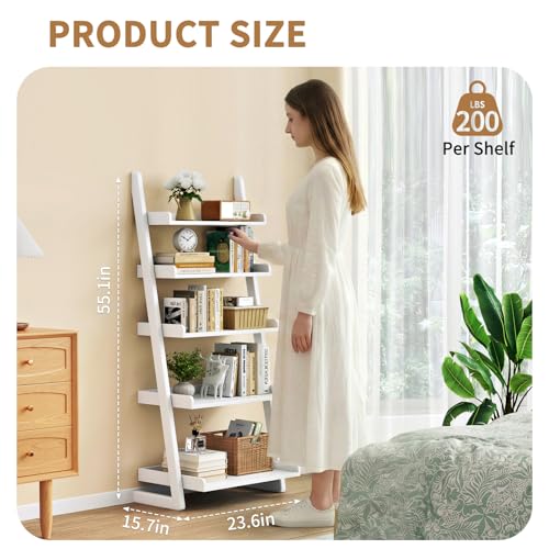 Uniclinens White Wooden Ladder Shelf, 5-Tier Bookshelf with Open Storage, 55.1" H - color: White