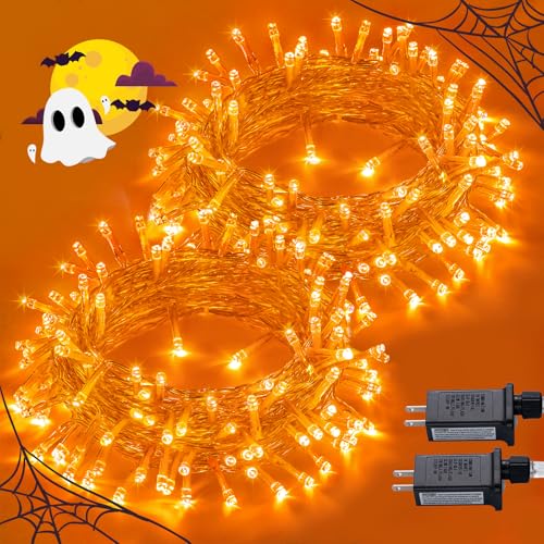 JMEXSUSS 2 Pack Orange Halloween Lights Indoor, Total 200 LED 66FT | 8 Modes, Outdoor Waterproof Orange String Lights for Halloween, Clear Wire Fall Lights for Thanksgiving Christmas Tree Decor - color: Orange