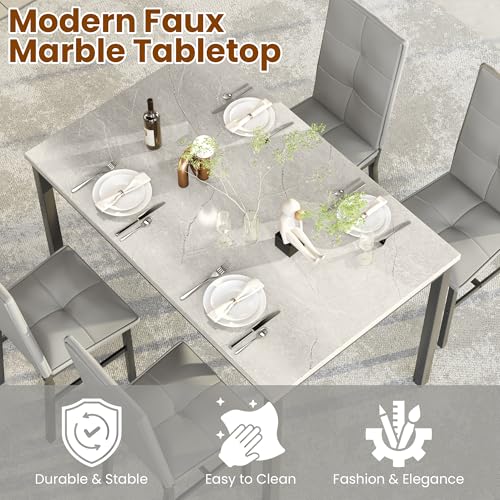 Hooseng Dining Table Set for 4, Faux Marble Small Kitchen Table with 4 PU Leather Chairs, Modern 5 Piece Dinner Table Set for Dining Room, Breakfast Nook, Samll Space, Grey - color: Grey