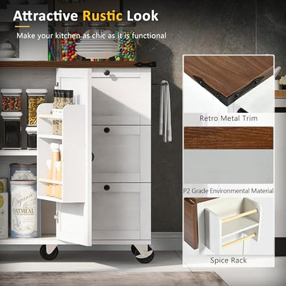 Kitchen Island, Rolling Kitchen Cart with Power Outlet | Built-in power outlet, 2 AC outlets and 2 USB ports, easy charging for coffee maker, juicer, toaster, or devices - color: White + Particle Board+mdf