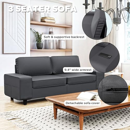 84" Leathaire Loveseat Couch, 3 Seater Retro Sofa with 4 Side Pockets, Removable and Washable Cushions, Living Room，Apartment, Office (Dark Grey) - color: Dark Grey Leathaire, size: 84 "