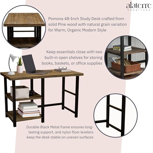 Alaterre Furniture Pomona Industrial Study Desk, Natural, 48”x24”x30” | Writing Desk with Solid Pine Wood Top, 2 Open Shelves, Metal Frame, Floor Levelers, For Home Office, Bedroom, or Dorm - style: Desk with Shelves