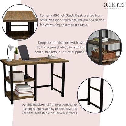 Alaterre Furniture Pomona Industrial Study Desk, Natural, 48”x24”x30” | Writing Desk with Solid Pine Wood Top, 2 Open Shelves, Metal Frame, Floor Levelers, For Home Office, Bedroom, or Dorm - style: Desk with Shelves