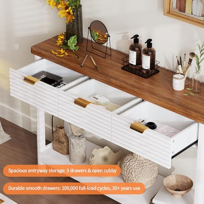 Fluted 47.2" Console Table with Outlets and USB C, Narrow Entryway Table with 3 Drawers, Modern Farmhouse Wood Sofa Table Behind Couch for Living Room, White & Walnut - color: Entryway Table-white