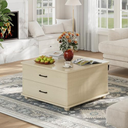 MALOL Storage Coffee Table with 2 Drawers & Flip-Top Lid with Hidden Storage, Modern Fluted Wood Coffee Table, Solid Wood Legs, Square Center Table for Living Room, Light Wood - color: Light Wood