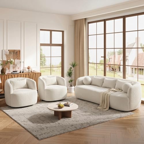 KINWELL 85" Boucle Upholstered Sofa with 2 Swivel Barrel Chairs, Beige | No Assembly Sherpa Living Room Furniture Sets, 3-Seater Couch Settee and Accent Chairs Armchairs for Small Spaces Apartment - color: Beige, size: Sofa + 2 Chairs