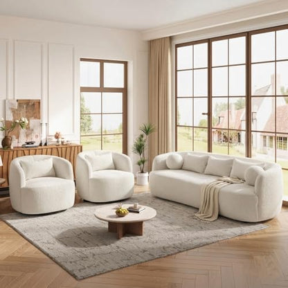 KINWELL 85" Boucle Upholstered Sofa with 2 Swivel Barrel Chairs, Beige | No Assembly Sherpa Living Room Furniture Sets, 3-Seater Couch Settee and Accent Chairs Armchairs for Small Spaces Apartment - color: Beige, size: Sofa + 2 Chairs