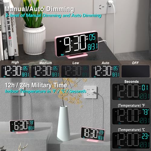 Clock for Bedroom, 6.7in Digital Alarm Clock, Auto Dimming, Room Temperature, Day of The Week, Seconds, Date, Alarm Clocks for Bedrooms, Digital Clocks for Living Room - color: Pink (White + Blue Digits)