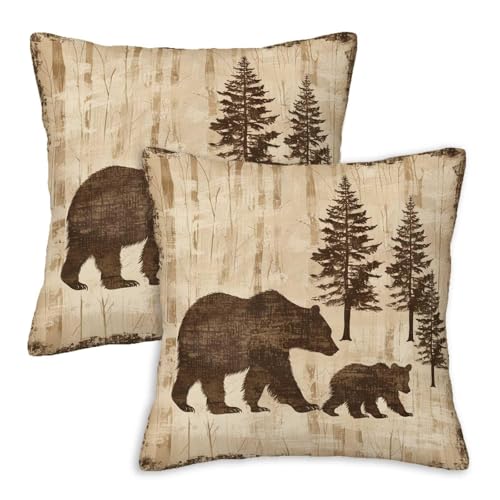 Firmiso Rustic Bear Throw Pillow Covers 18x18 Set of 2 | Woodland Decorative Cushion Covers for Couch Sofa Bed | Cabin Lodge Home Decor Pillow Cases | Brown Beige Neutral Accent - color: Rustic Bear