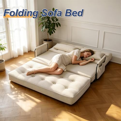 Futon Sofa Bed,Convertible Sofa Bed,Folding Boneless Couches | 3-in-1 Folding Sofa Bed,Boneless Couches for Living Room with Pillow & Side Pocket,High-density Foam,Double Sleeper,Beige - color: Beige, size: Full