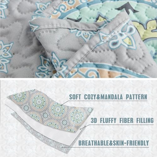 CHIXIN Boho Quilt Queen Size - Bohemian Chic Medallion Design - Lightweight Bedspread Coverlet Set, Ultrasonic Quilting Mandala Bedding Cover for All Season, 3 Piece, Aqua Blue - color: Skyblue/Wheat/White, size: Full/Queen(90"x92")