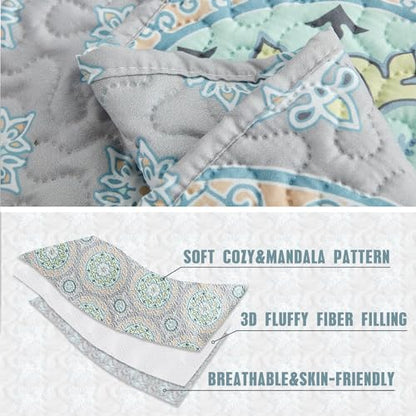 CHIXIN Boho Quilt Queen Size - Bohemian Chic Medallion Design - Lightweight Bedspread Coverlet Set, Ultrasonic Quilting Mandala Bedding Cover for All Season, 3 Piece, Aqua Blue - color: Skyblue/Wheat/White, size: Full/Queen(90"x92")