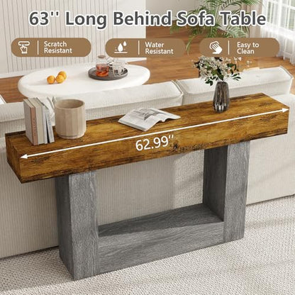 Spaco 63'' Long Console Table,2 Tier Farmhouse Entryway Table Sofa Table with Storage,Wood Behind Couch Table for Living Room, Hallway,Foyer - color: Rustic Brown W/Grey Leg (63'')