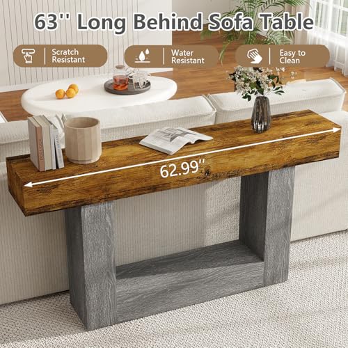 Spaco 63'' Long Console Table,2 Tier Farmhouse Entryway Table Sofa Table with Storage,Wood Behind Couch Table for Living Room, Hallway,Foyer - color: Rustic Brown W/Grey Leg (63'')