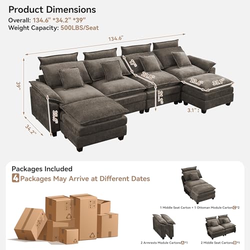 103'' Cloud Modern 3 Seater Couch with Detachable Headrest, Modular Sectional Sofa with Ottomant, Oversized L Shape Chenille Comfy Sofa with Armrests for Living Room, Brown - color: Brown, size: L Shaped Couch