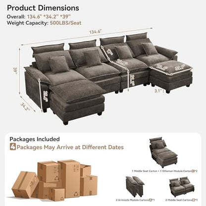 103'' Cloud Modern 3 Seater Couch with Detachable Headrest, Modular Sectional Sofa with Ottomant, Oversized L Shape Chenille Comfy Sofa with Armrests for Living Room, Brown - color: Brown, size: L Shaped Couch