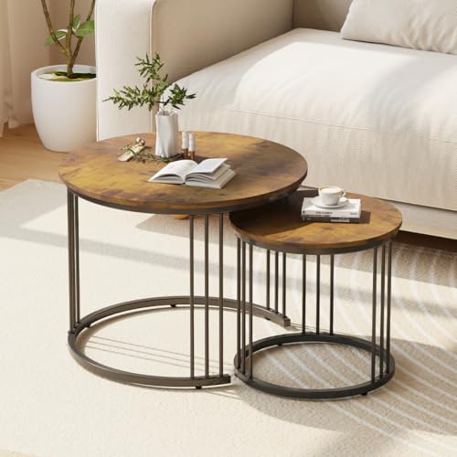 Nesting Coffee Table, 23.6" Round Coffee Table Set of 2, Wooden Nesting Table with Metal Frame, Ceter Tables for Living Room Bedroom Balcony, Rustic Brown - color: Rustic Brown