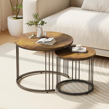 Nesting Coffee Table, 23.6" Round Coffee Table Set of 2, Wooden Nesting Table with Metal Frame, Ceter Tables for Living Room Bedroom Balcony, Rustic Brown - color: Rustic Brown