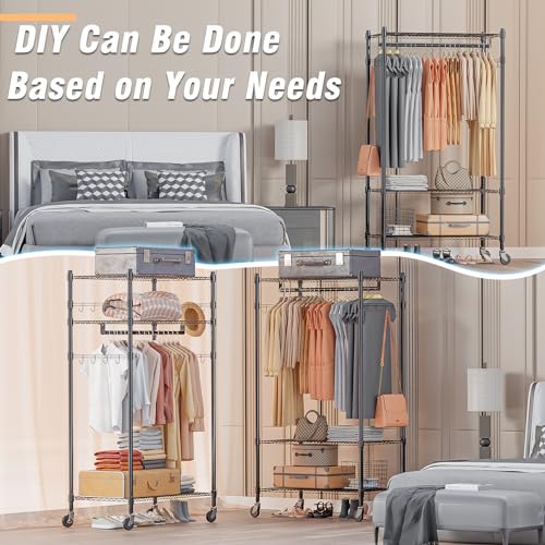 Homdox Heavy Duty Clothing Rack with 3 Tier Adjustable Wire Shelves, Garment Racks for Hanging Clothes, Double Rods Clothing Rack, Freestanding Closet Wardrobe with Side Hooks, Black - color: Black, size: 16.54"D x 23.62"W x 80.71"H